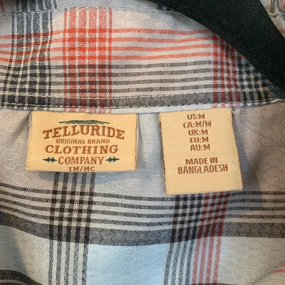 Telluride Short Sleeve Button Down Gray and Red Plaid Shirt Men’s Medium - Picture 3 of 5